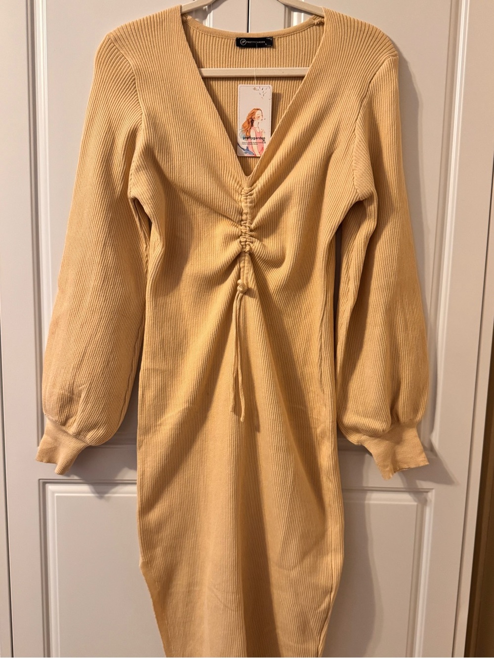 NWT PRETTYGARDEN Ribbed Knit Ruched Midi Sweater Dress Apricot
